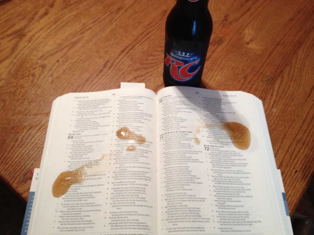 RC Cola rolls off the Waterproof Bible and doesn't stain!